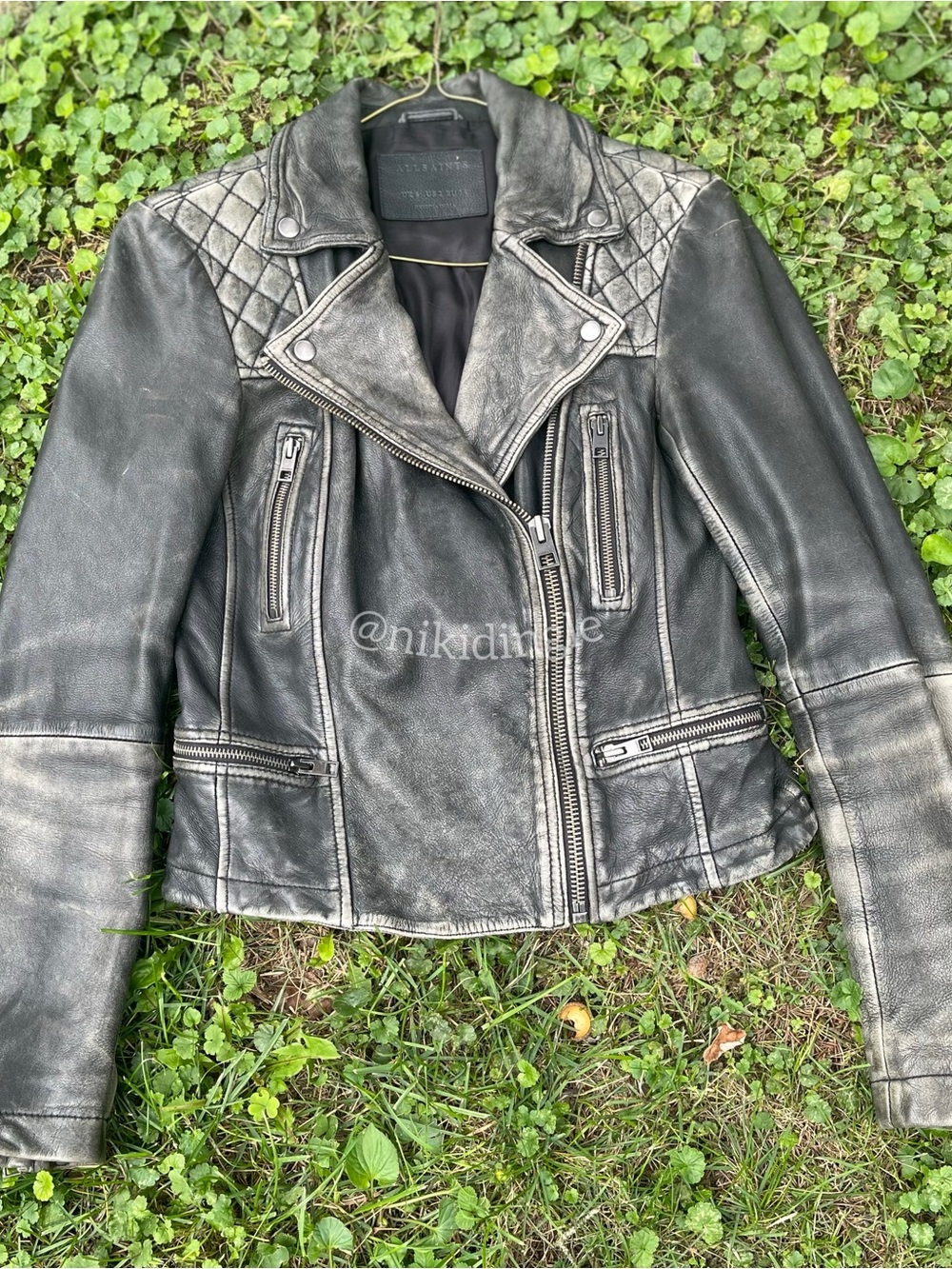 All Saints Cargo Distressed Leather Biker Moto Jacket Quilted XS 2 Vintage y2k